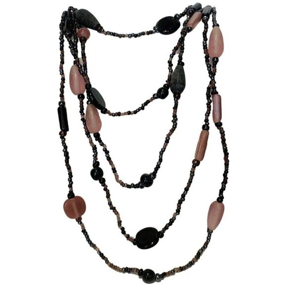 Vintage Pink Black multi 5 Tier Chic Beaded Silver Tone Layered Necklace 24” - Picture 1 of 10